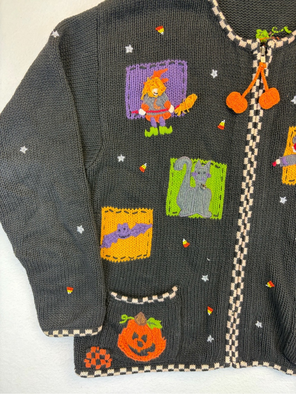 Vintage Halloween Zip Up Cardigan Sweater Large Croft Barrow Grandma Cats Bats - Picture 4 of 13